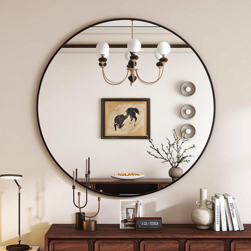 VETROVUE Black Round Mirror, 24 Inch Circle Bathroom Mirror with Metal Frame, Wall-Mounted for Entryway, Bathroom, Vanity, Living Room