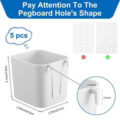 xozeooeu 5 Pcs Pegboard Cups with Hooks, White Peg Board Organizer Bins, 3.35x2.76x3.1 Inch Storage Containers for Garage Workshop Office