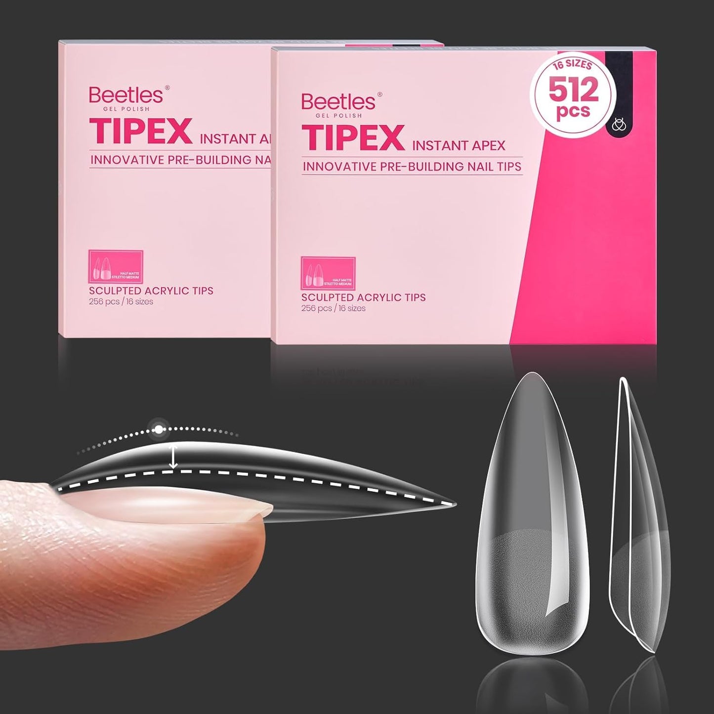Beetles Tipex Gel Nail Kit, Medium Almond Nail Tips 224 Pcs 16 Sizes Pre-Building Pre-Etched Thick Acrylic Tips with Tipex Glue, Mini Lamp