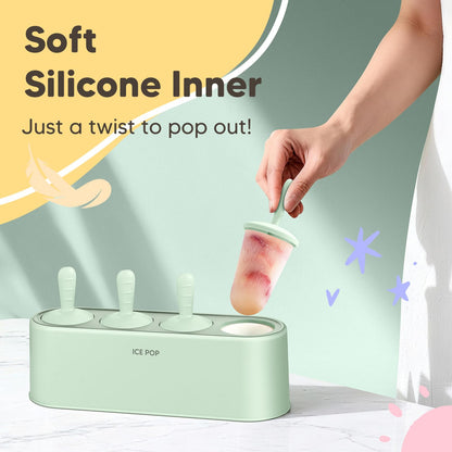 Popsicle Mold Set 4 Pieces Homemade Silicone Popsicle Maker Easy Release Ice Cream Molds Reusable DIY Pop Molds (Green, IcyClassic Pops)
