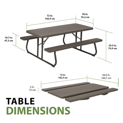 LIFETIME 6‑Foot Classic Folding Picnic Table, UV Protected Tabletop, Steel Frame, Seats 8, Weather & Rust Resistant, Flat Folding Outdoor Picnic Table with Umbrella Hole