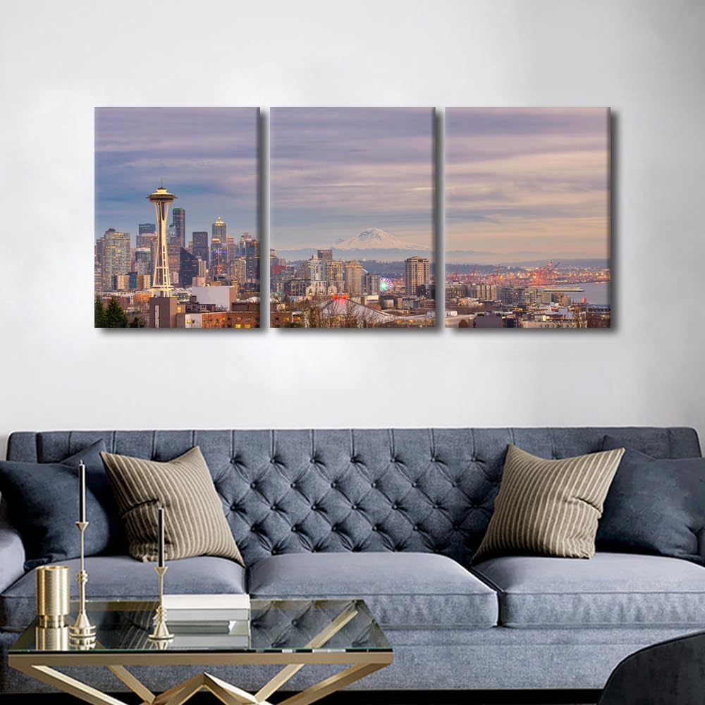 Bedroom Wall Art Seattle Cityscape Pictures | 3 Panel Canvas Artwork for Living Room Modern Decor