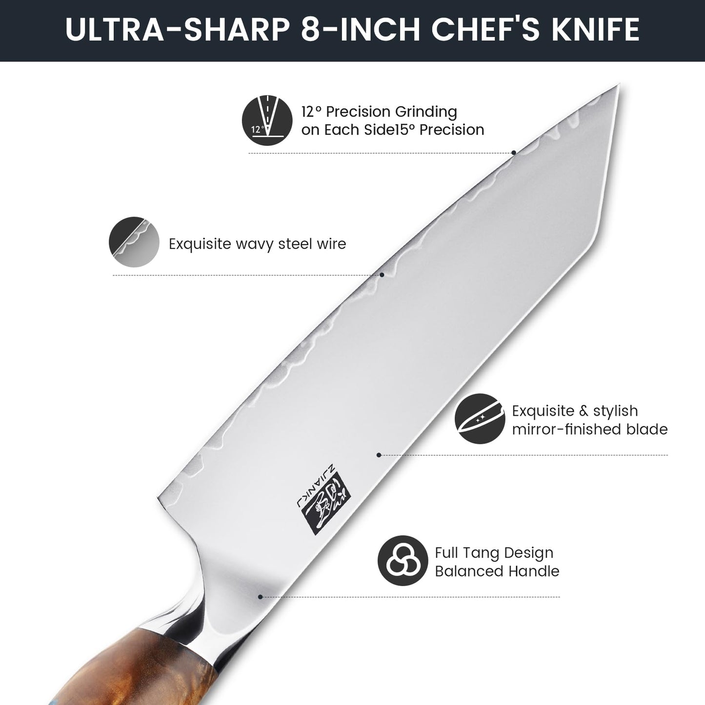 ZJIANKJ Chef Knife, 8-inch Hand Forged Professional Kitchen Knife with Japanese 10Cr15MoV Stainless Steel Gyuto Knife with Blue Ergonomic Handle, Razor-Sharp Cooking Knife in Gift Box