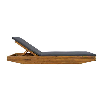 Acacia Wood Chaise Lounge with 2-Fold Thin Cushion - Teak Finish Outdoor Recliner with Cream Water-Repellent Cushion, 79.6" L x 29" W, 300 lbs