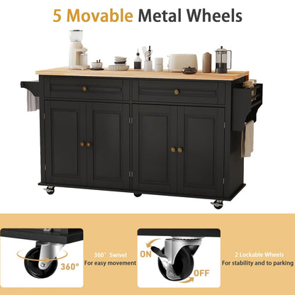 JassmiPkwy 67’’ Movable Kitchen Island with Drop Leaf and Power Outlet, Lockable Sliding Countertop Rolling Island Cart with 2 Large Drawers, Spice, Towel Rack,Black