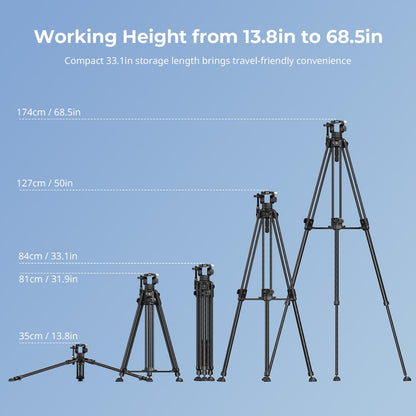 SmallRig AD-50 Max Heavy Duty Video Tripod, 68.5" Carbon Fiber Lightweight Tripod with FreeSpeed One-Step Height Adjustment, Fluid Head, Dual-Mode QR Plate, Load up to 17.6lb
