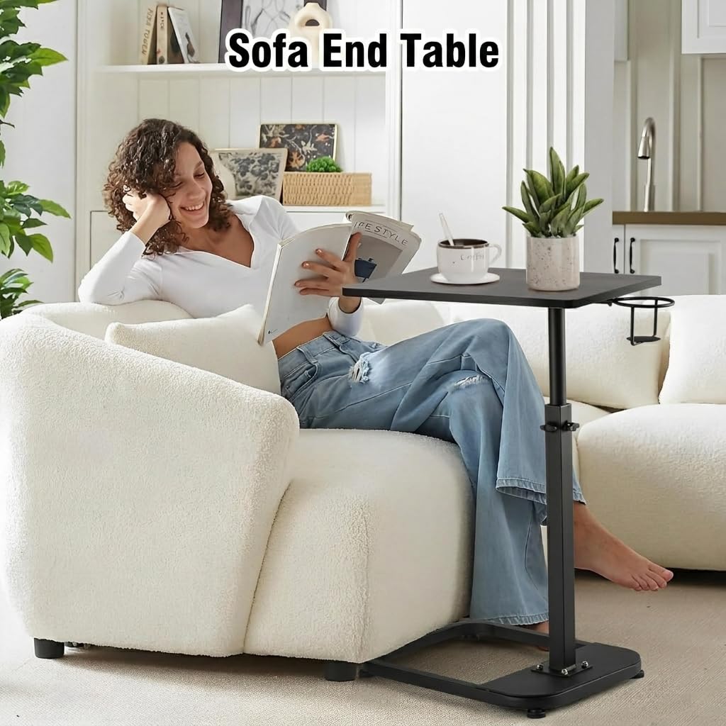 facka Adjustable TV Tray Table with Rounded Metal Corners, C-Shaped Snack Table for Couch, Sofa, Bed or Chair, Small Space Side Table for Eating, Dinner, or Laptop Use