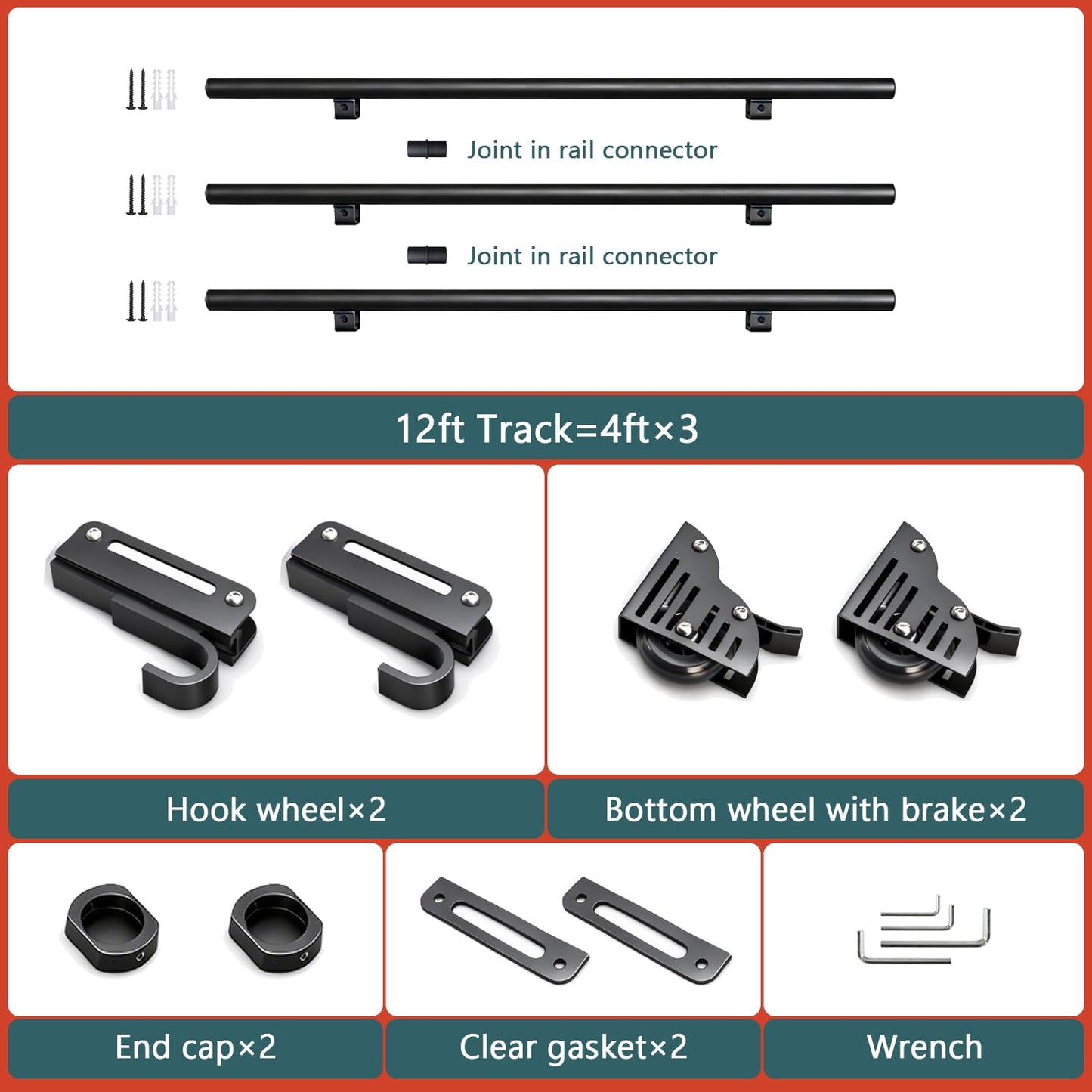 104RDHOUSE 12FT Sliding Library Ladder Hardware Kit,Black Telescopic Top Hook,Bottom Wheel with Brake,MAX Load 300lbs,No Ladder