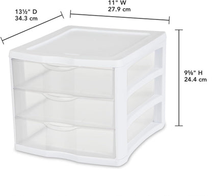 Sterilite 3 Drawer Desktop Storage Unit, White with Clear Drawers, Tabletop Organizer, 4-Pack