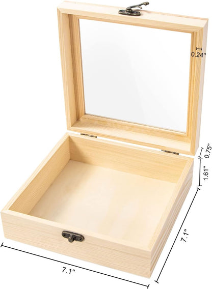 Unfinished Wooden Display Box with Glass Top, Small Hinged Lid Keepsake Storage Box for Jewelry and Home Decorations