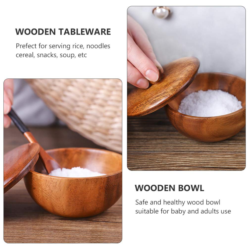 Hemoton Wooden Rice Bowl with Lid 3.14 Inch Acacia Wood Seasoning Bowl Food Container for Kids and Adults Safe Practical Kitchen Dining