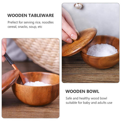 Hemoton Wooden Rice Bowl with Lid 3.14 Inch Acacia Wood Seasoning Bowl Food Container for Kids and Adults Safe Practical Kitchen Dining