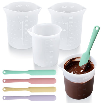 Palksky Silicone Chocolate Melting Cup Set with 4 Silicone Measuring Cups (250ml & 350ml) and 4PCS Heat-Resistant Jar Spatulas, Non-Stick Baking Tools for DIY Chocolate, Butter & Cream Mixing