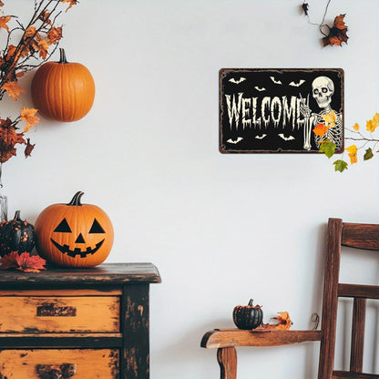 Welcome Skeleton Halloween Retro Metal Tin Sign Wall Art Decor for Front Door Home Farmhouse Halloween Party Indoor Outdoor 8x12 Inch