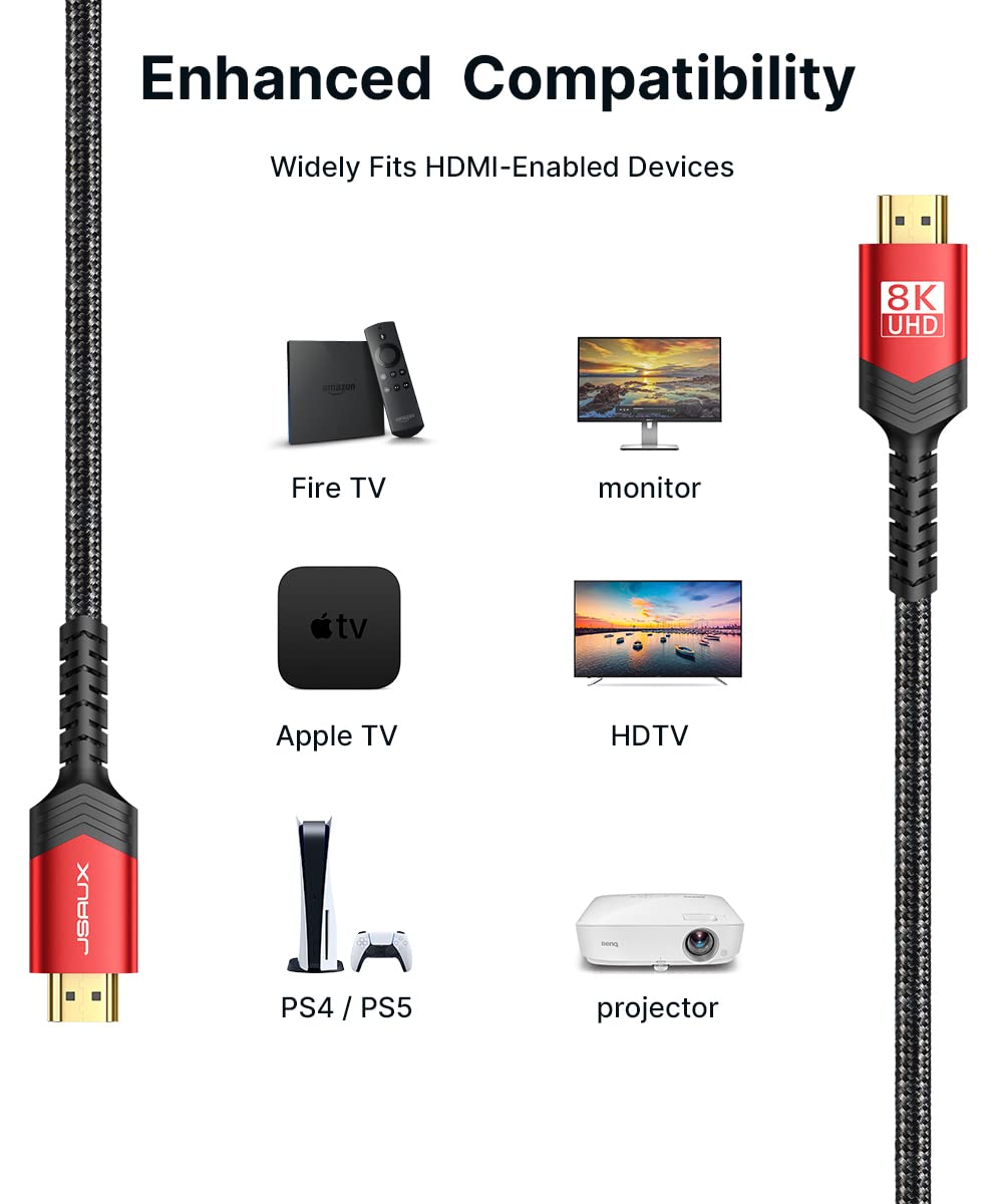 JSAUX 8K HDMI Cable 2.1 2 Pack 6ft, 48Gbps Ultra High Speed HDMI Cable Braided Cord (4K@144Hz, 4K@120Hz, 8K@60Hz) HDCP 2.2&2.3 HDR 10 eARC ARC, Compatible with Switch 2/PS5/Laptop/Monitor/HDTV/-Red