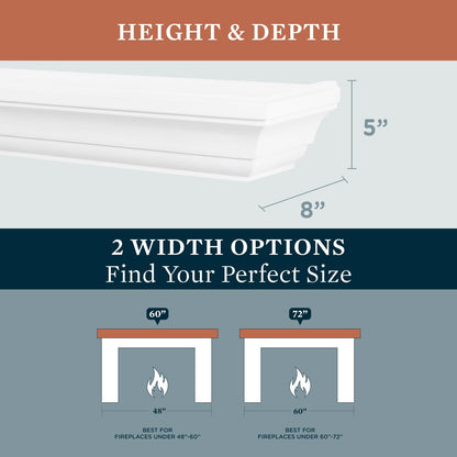 MANTELSDIRECT 60 Inch Floating Fireplace Mantel Wood Shelf in White - Colton from Mantels Direct | Wooden Rustic Wall Shelf Perfect for Décor and Electric Fireplaces