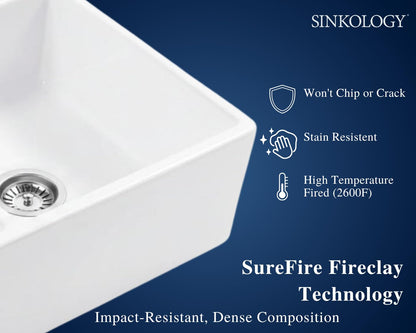 Sinkology Turner 33 Inch Fireclay Farmhouse Apron Front Double Bowl Kitchen Sink - White, Handcrafted with SureFire Chip-Resistant Glaze, Sinkology Everyday Warranty, 33 x 18 in, Fits 36" Cabinet