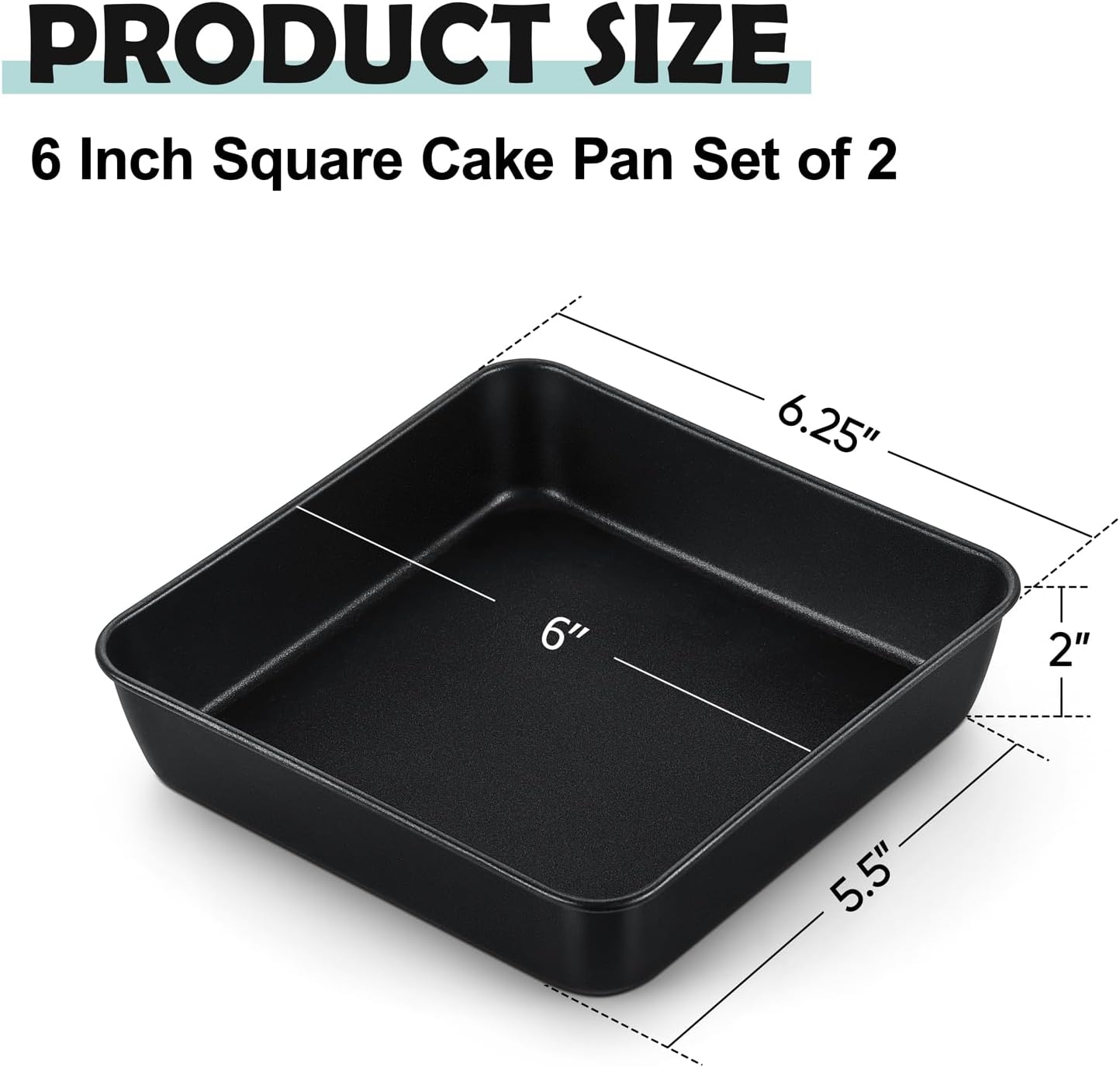 TeamFar Square Cake Pan, 6 Inch Small Baking Roasting Pans with Stainless Steel Core & Nonstick Coating, Set of 2