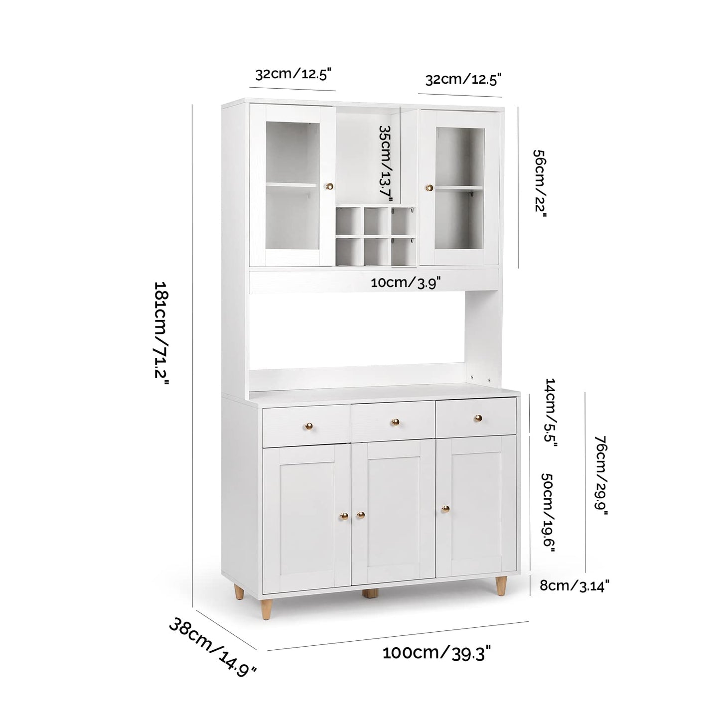VOWNER 71" Traditional Freestanding Kitchen Pantry Storage Cabinet, with 3 Drawers and 5 Cabinets, White