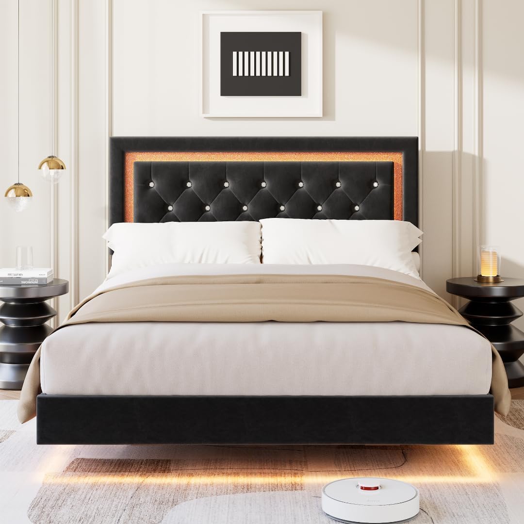 Floating Queen Platform Bed Frame with Smart LED Lights – Modern Diamond Upholstered Headboard, Noise-Free Wood Slats, Under-Bed Storage, Easy Assembly, Contemporary Bedroom Furniture，Queen Black