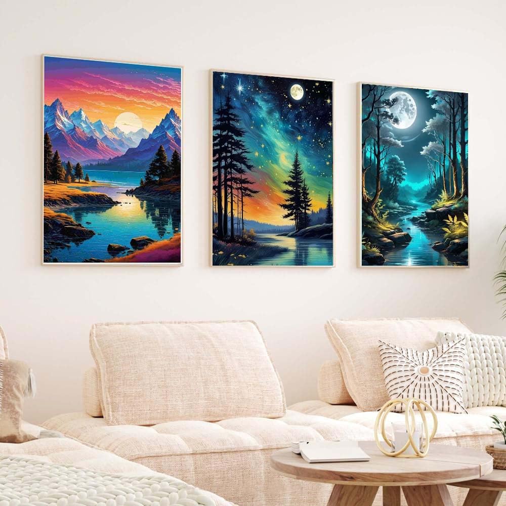4 Pack Paint by Numbers for Adults with Framed Canvas - with Wooden Easel, Beach Paint by Number on Canvas, DIY Moon Landscape Acrylic Oil Painting Kits with Brushes for Home Wall Decor (8x12 inch)