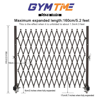 GYMTIME Metal Expandable Barricade, Portable Safety Barrier with Casters, Flexible Mobile Folding Security Gate, Adjustable Traffic Fence for Home, School, Warehouse, 5.2 Feet, 34 inch High
