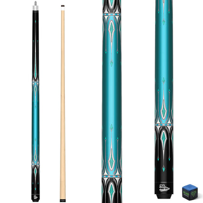 CUEBAR Pool Cue Stick 58 Inch 2-Piece Billiard Cue with Geometric Sword Inlays, Unwrapped Grip, Maple Shaft, 13mm Tip (Teal 19 Oz)