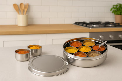 JANASIN Spice Organizer Stainless Steel Masala Dabba, 7 Compartment Indian Spice Box with Lid, Round Kitchen Container