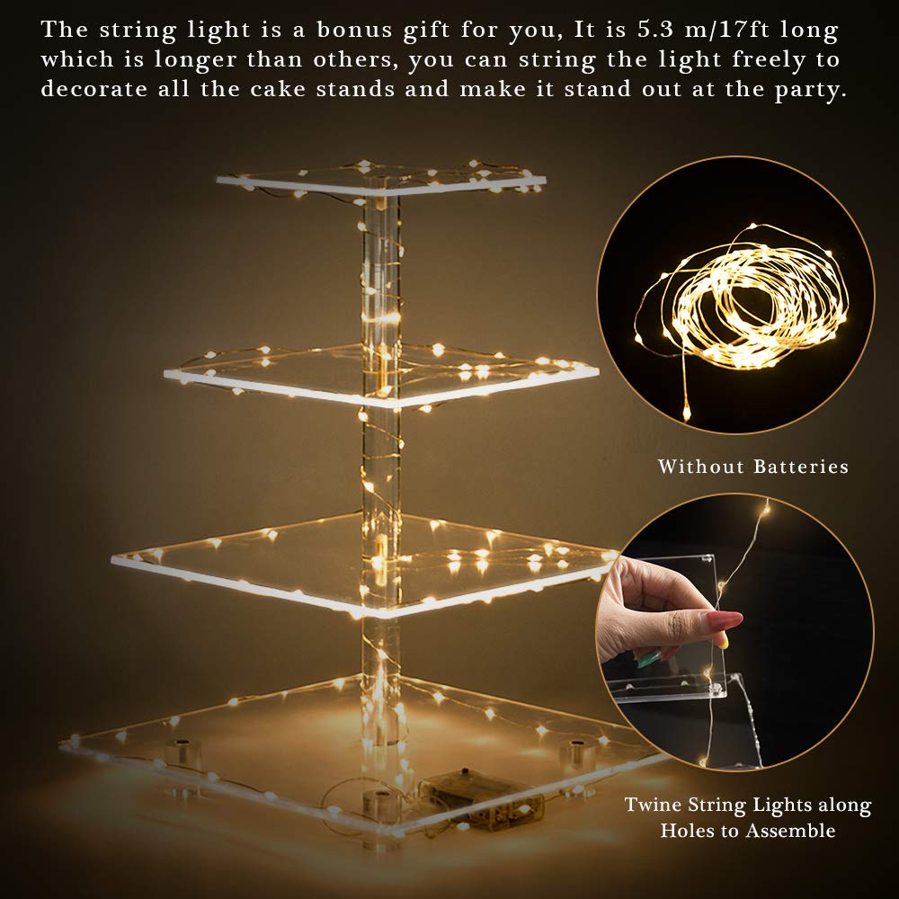 YestBuy 4 Tier Cupcake Stand Acrylic Tower Display with LED Light Premium Holder Dessert Tree Tower for Birthday Candy Bar Décor Weddings, Parties Events (Yellow Light)