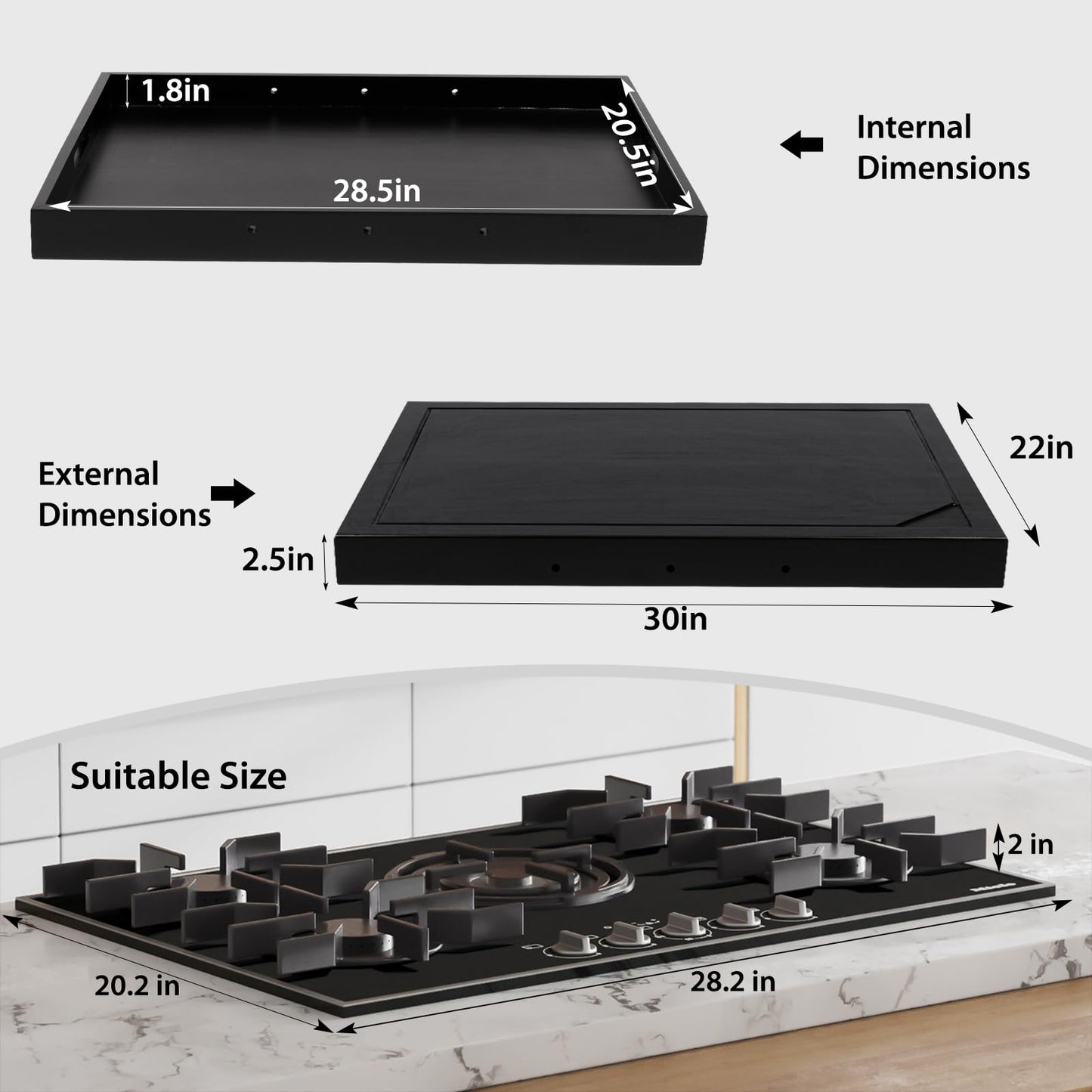 Wooden Stove Top Covers for Gas Burner and Electric Stove, Glass Cooktop Protector, Wood Noodle Board Stovetop Cover With Handles, Black