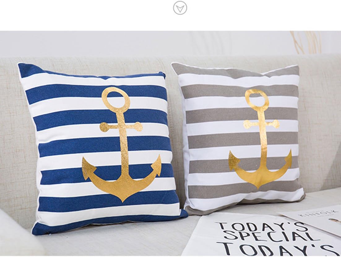 Nautical Decorative Pillow Cover, Gold Anchor Pattern and Stripes 18X18 (Navy Stripes)