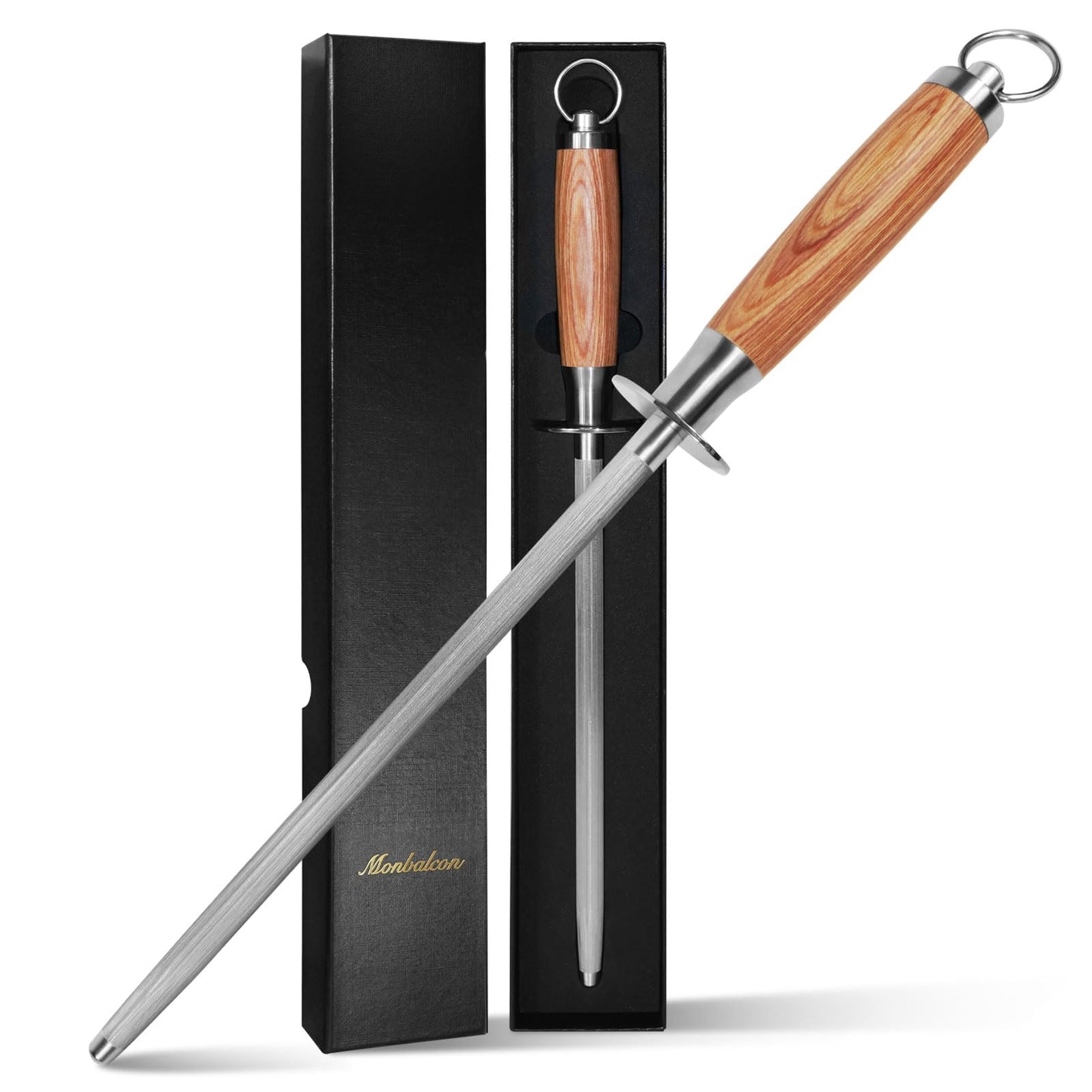 Monbalcon Honing Rod 10'', German High Carbon Steel Knife Sharpener Rod with Premium Gift Box, Professional Fine Sharpening Stone Kitchen Knife Whetstone with Natural Wood Handle, 10 inch