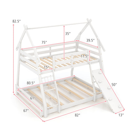 KOMFOTT Wood Twin Over Queen House Bunk Bed, Playhouse Floor Low Bunk Bed with Climbing Nets & Ramp, Space Saving Solid Wood Bunk Bed Frame with Safety Guardrails, Not Box Spring Required (White)