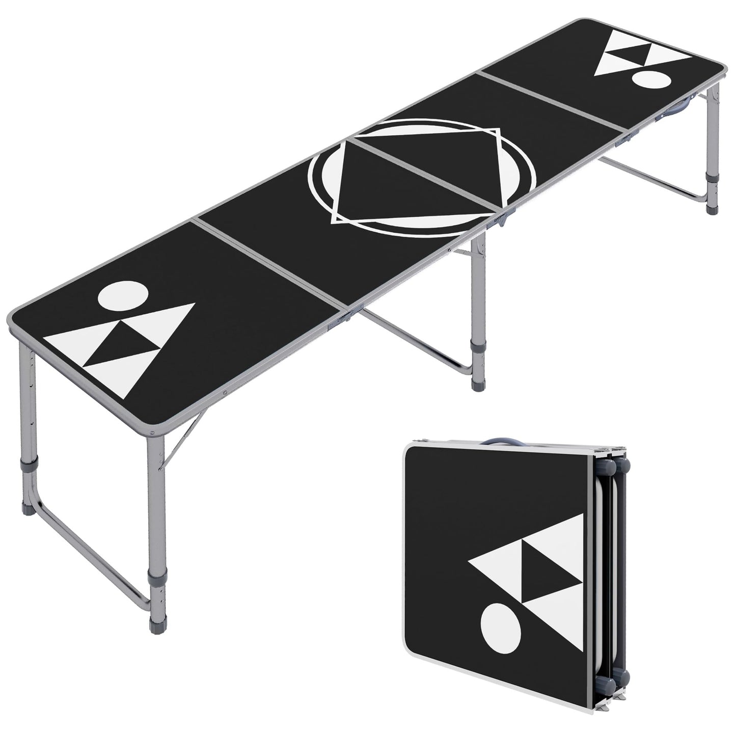 8ft Portable Beer Pong Table with Adjustable Legs, Folding Camping Table, Aluminum Picnic Table, for Party, Travel, BBQ, Beach, Black and White