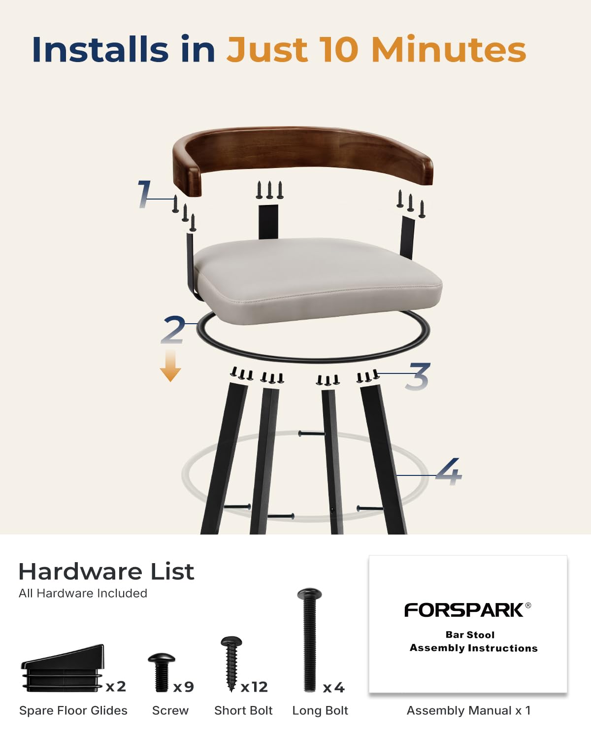 FORSPARK 350 lbs Capacity Bar Stools with Back and Cushion 26" Swivel Counter Height Bar Stools with Solid Wood Back Modern Kitchen Island Chairs with Metal Frame 360°Barstools Dining Room Grey Black