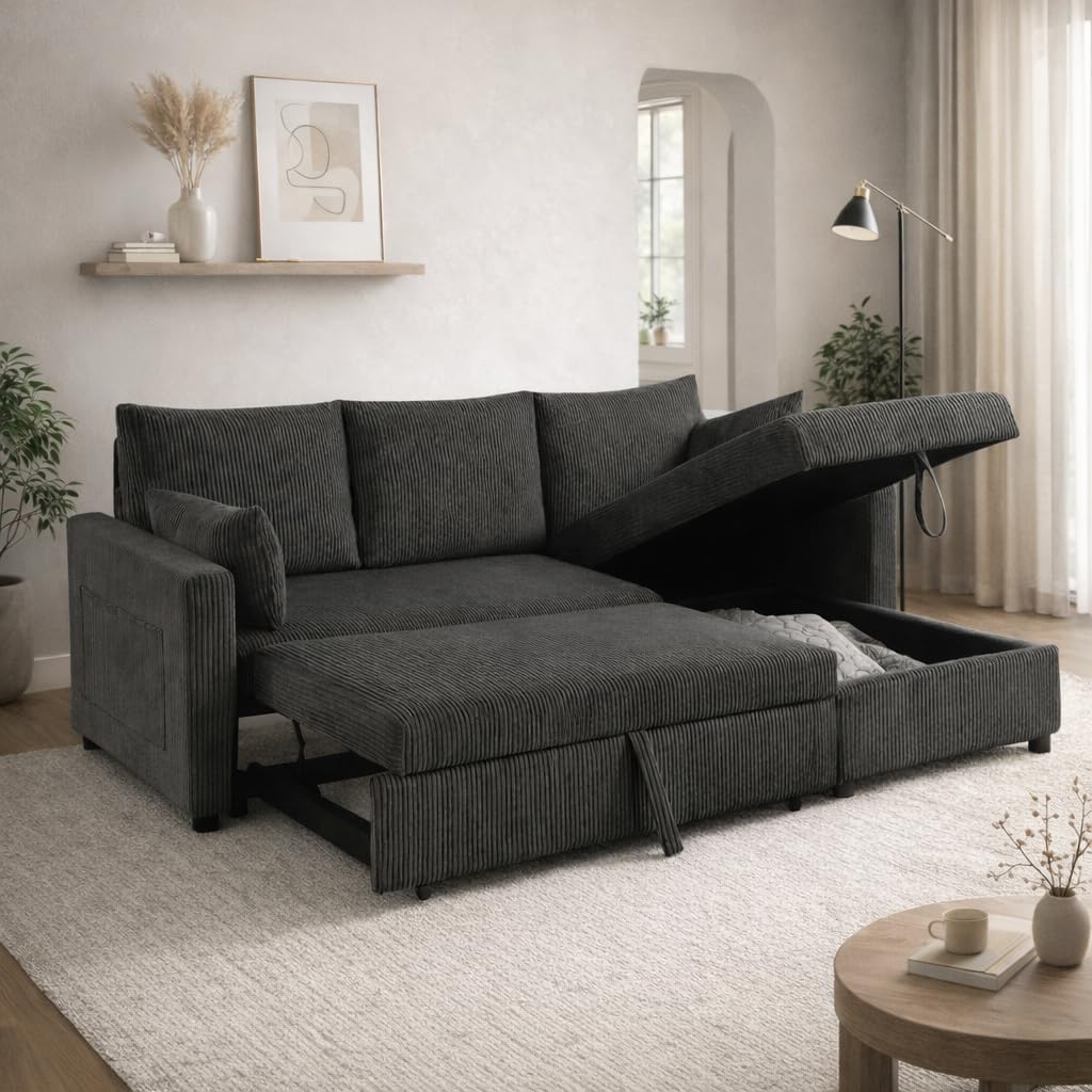 Trygoal Sectional Sleeper Sofa with Pull Out Bed, L Shape Convertible Sofa Bed Couch with Storage Chaise, 3 in 1 Pull Out Sofa Bed with 3 Seats for Living Room,Apartment, Black, 85Inch