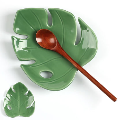 Honeydak Ceramic Spoon Rest for Kitchen Counter Monstera Leaf Shaped Tray Decorative Spoon Rest Tea Bag Dish Tea Light Holder
