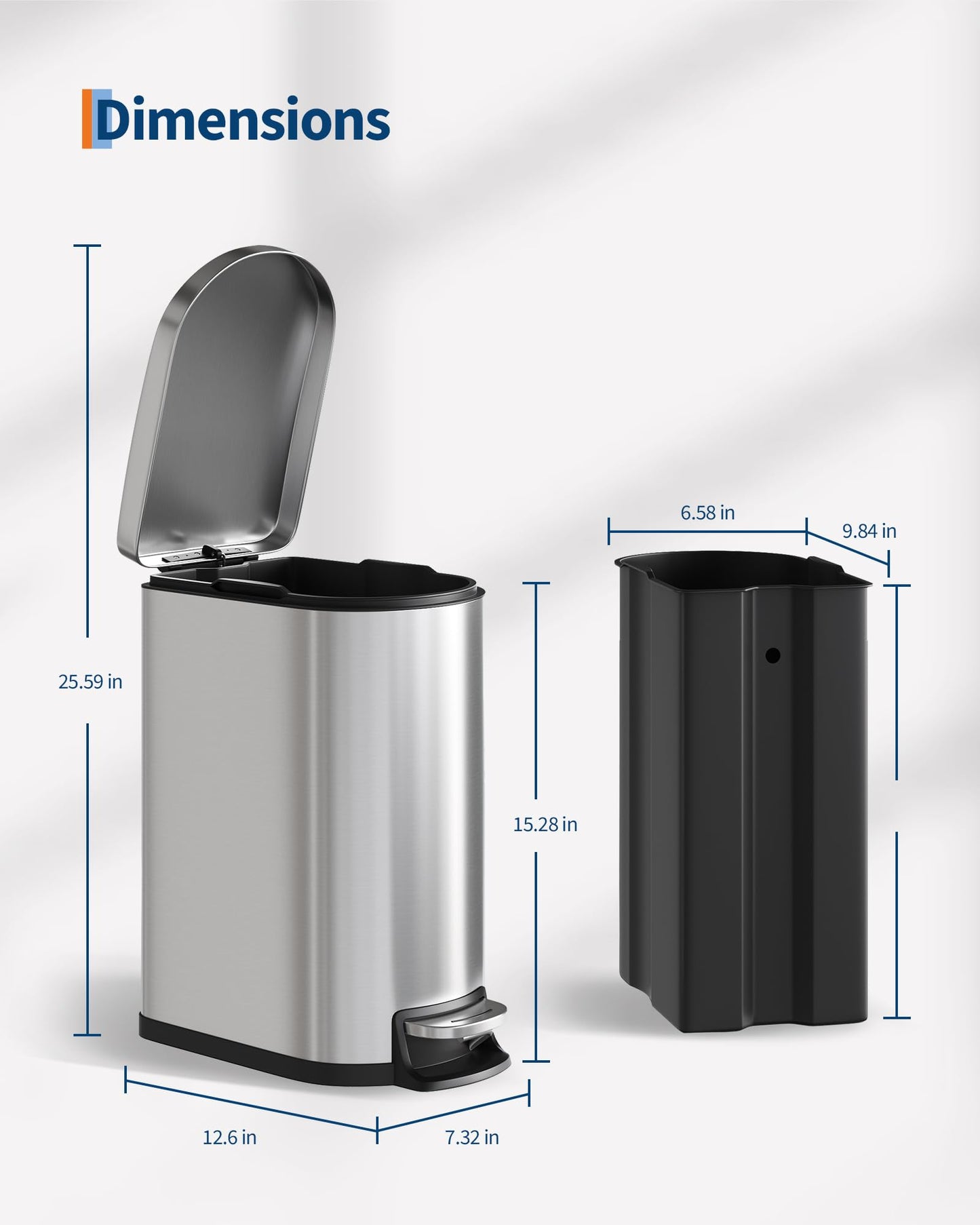 Garvee 13 gal (50 L) and 2.6 gal (10 L) Stainless Steel Trash Can Combo Set, Rustproof Garbage Can with Lid for Kitchen and Bathroom, Step-on Trash Bin with Inner Bucket, Rear Handle, Silver