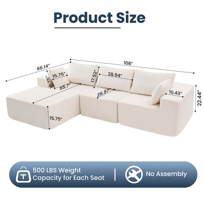 DUMOS 108” Modular Sectional Sofa, Cloud Sectional Couch with Deep Seat, Modern Modular L-Shape Sofa Couch with Chaise,Upholstered Boneless Couches for Living Room Bedroom (Beige,Left Facing Chaise)