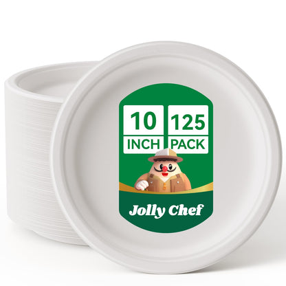 JOLLY CHEF Compostable Heavy Duty Plates 𝟭𝟬 𝗜𝗻𝗰𝗵 [𝟭𝟮𝟱 𝗣𝗮𝗰𝗸] Eco-Friendly Disposable White Paper Plates Made of Bagasse Biodegradable for Party Dinner Sugarcane Fibers Thanksgiving Day