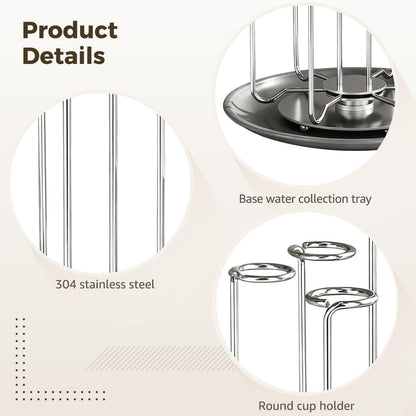 Toyosport Stainless Steel 4 Cups Mug Drying Rack, Rotating Bottle Drying Holder, Countertop Cup Drying Rack with Drain Tray, Space Saving
