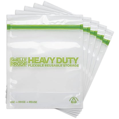 HEAVY DUTY Reusable STAND-UP Bags for Food Storage by Smelly Proof, USA Made, NO PEVA & BPA FREE, Reusable Freezer Bags, Dishwasher-Safe, Triple Zip, CLEAR 5-mils LRG Quart 8.75" x 9.5" - 5pk