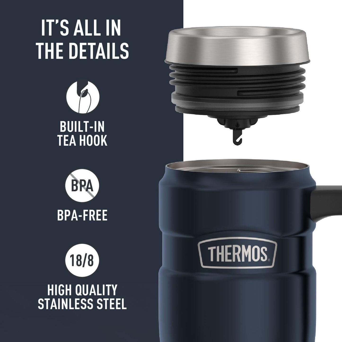 THERMOS Stainless King Vacuum-Insulated Travel Mug with Handle - 16oz, Midnight Blue - Thermos Tumbler for Hot & Cold Drinks - Leak & Sweat-Proof Stainless Steel Coffee Mug with Lid for Commuting