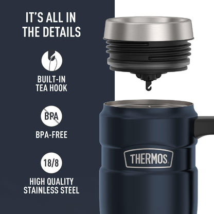 THERMOS Stainless King Vacuum-Insulated Travel Mug with Handle - 16oz, Midnight Blue - Thermos Tumbler for Hot & Cold Drinks - Leak & Sweat-Proof Stainless Steel Coffee Mug with Lid for Commuting