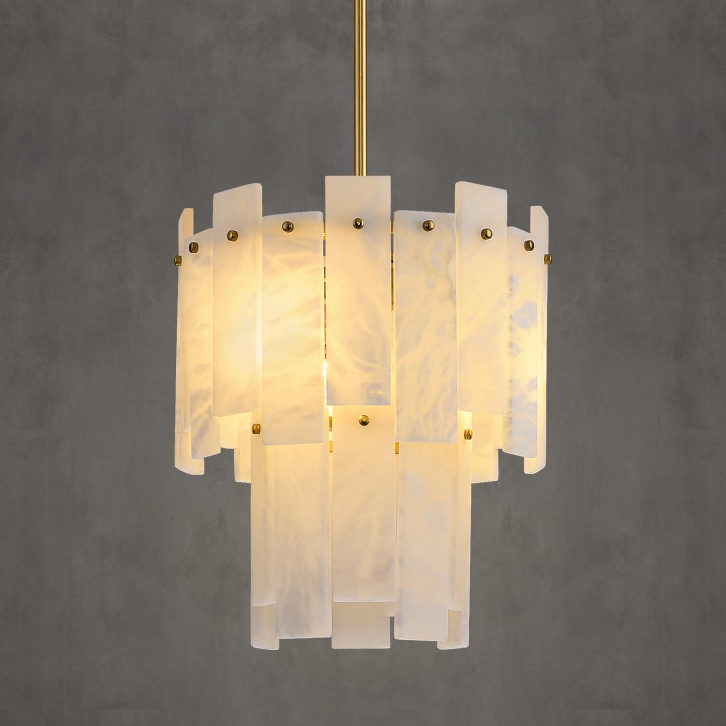 PIOUTNF Alabaster Round Chandelier, 2-Tier Spanish Alabaster Chandeliers, Warm White, 13" Modern Small Gold Marble Pendant Chandeliers for Foyer, Kitchen Island, Dining Room, Bedroom