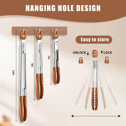 Wooden Tongs for Cooking Set of 3 (7",9",12") Natural Walnut Wooden kitchen Tongs for Grilling, Serving, BBQ and Tossing Salad etc | Ergonomic Stainless Steel Non-Slip Grip, Heat Resistant, Pull Lock