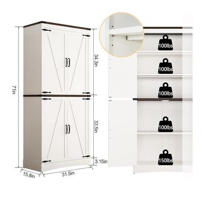 Hlivelood 71" Tall Kitchen Pantry,Farmhouse Storage Cabinet with Adjustable Shelves,Load-Bearing Steel Pipe,Farmhouse Pantry Cabinet with 4 Barn Doors,for Kitchen,Dining Room,Living Room(Rustic White)