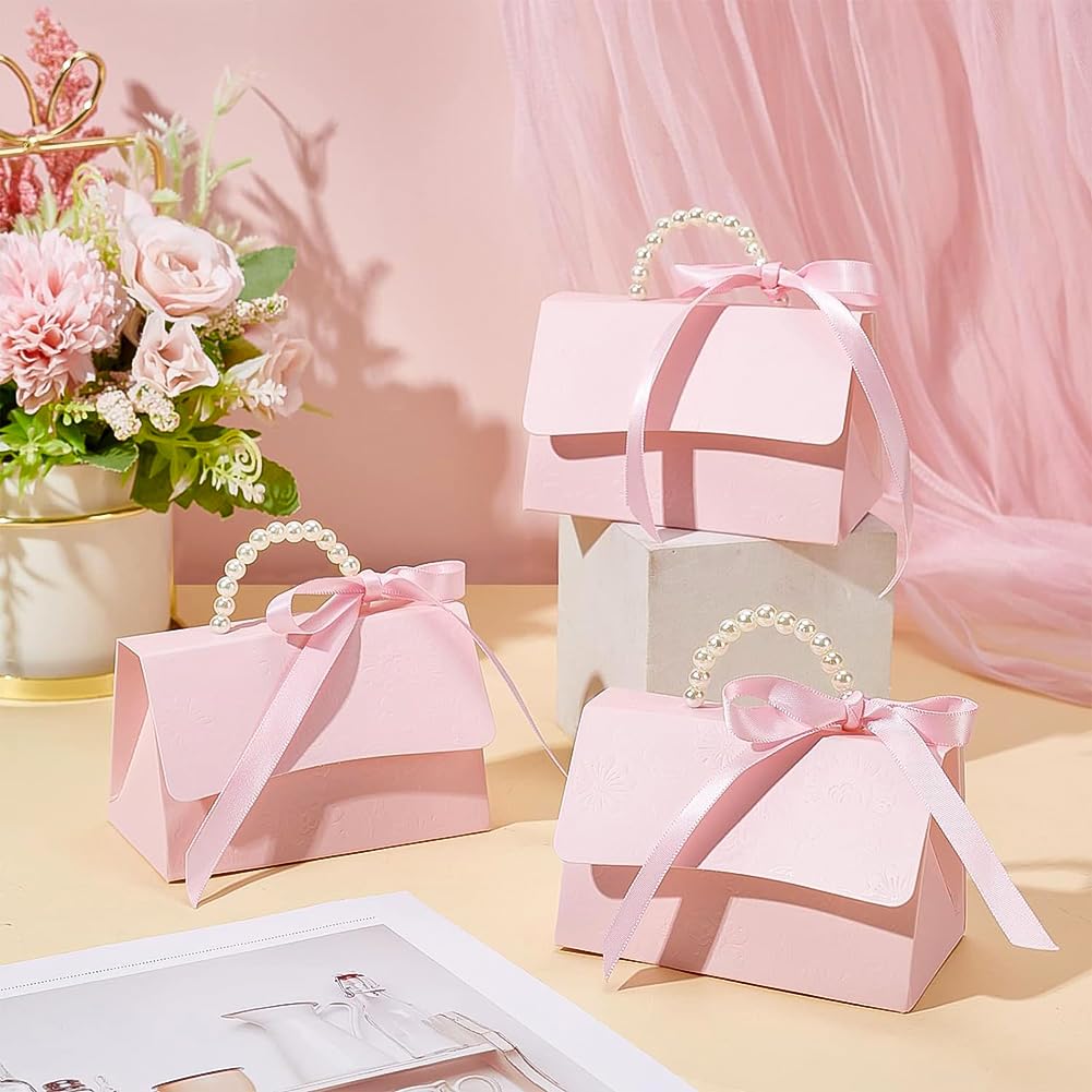 BENECREAT 16Set Wedding Favors Box DIY Set, Pink Kraft Paper Box with Pearl Handle, Ribbons, Stickers, Gift Boxes for Birthday, Party Favor, Boutique, Wedding and Anniversary