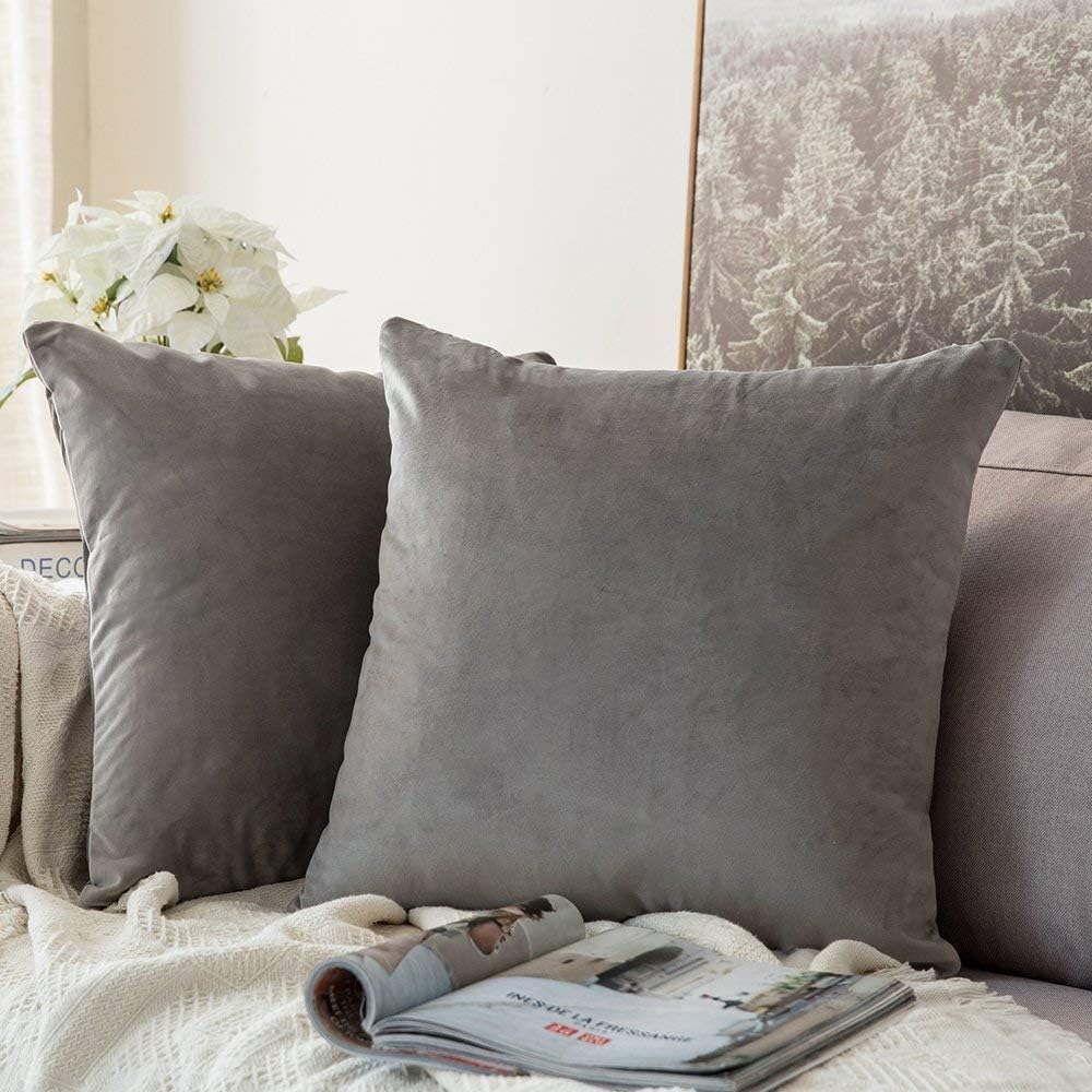 24x24 Inch Set 2 MIULEE Euro Sham Velvet Pillow Covers, of Large Square Decorative Pillows -Grey Super Soft for King