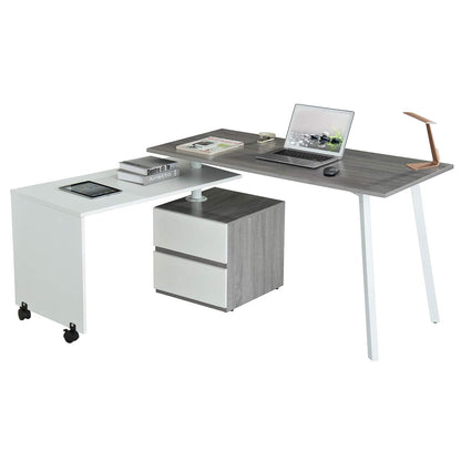 Adjustable L-Shaped Computer Desk with Rolling Tabletop for Multiple Configurations, Two-Drawer Cabinet, and Sturdy Steel Legs – Space-Saving, Ergonomic Design for Home Office or Workspace, Grey